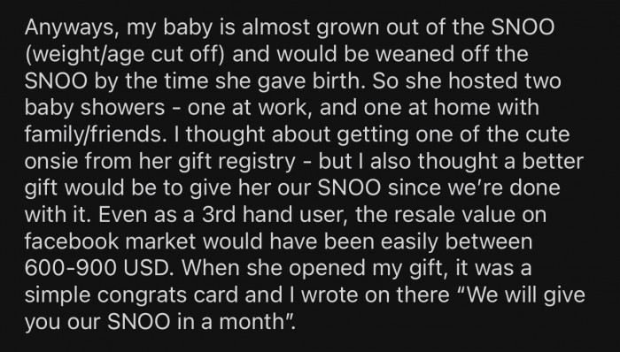 OP decided to make a nice gesture for her co-worker and give her the SNOO as a baby shower gift.