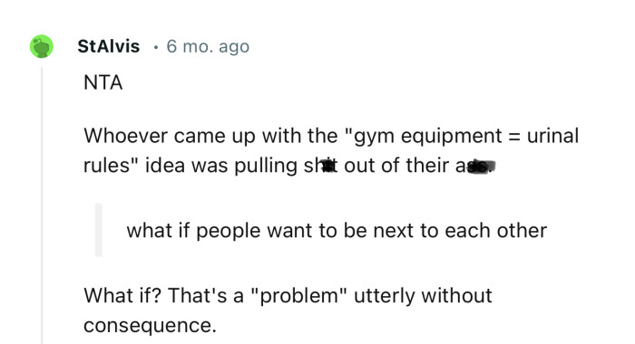 “NTA…Whoever came up with the ‘gym equipment = urinal rules’ idea was pulling sh*t out of their a**”