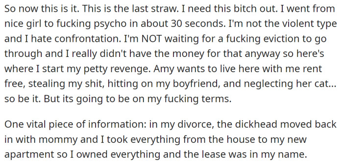 It was the last straw for the OP; she started her revenge campaign: