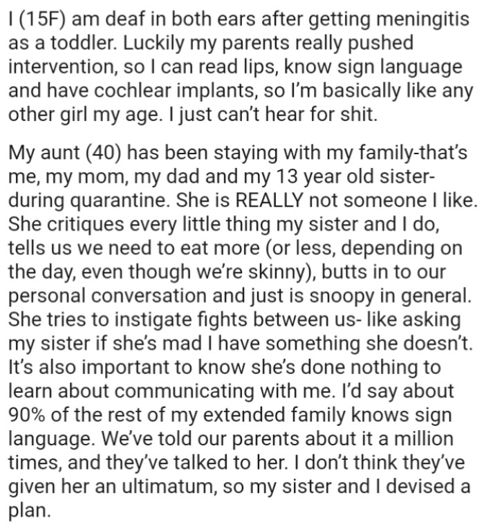 OP's aunt tries to instigate fights between the OP and her sister by asking her sister if she’s mad that the OP has something she doesn’t