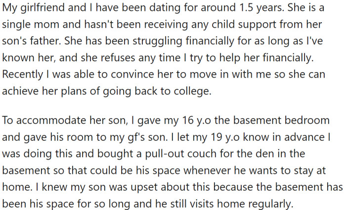 Realizing that his girlfriend had been struggling financially for a long time and was refusing help, OP convinced her to move in with him so she could work towards going back to college.