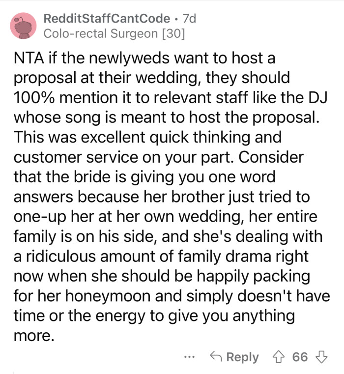 The bride was under a lot of pressure from her family.