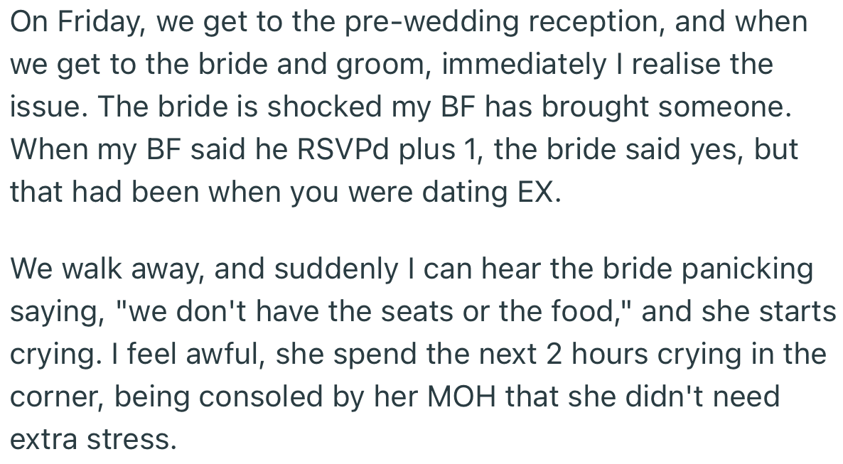 OP and her boyfriend got to the pre-wedding reception only to discover that the bride didn’t make plans for her