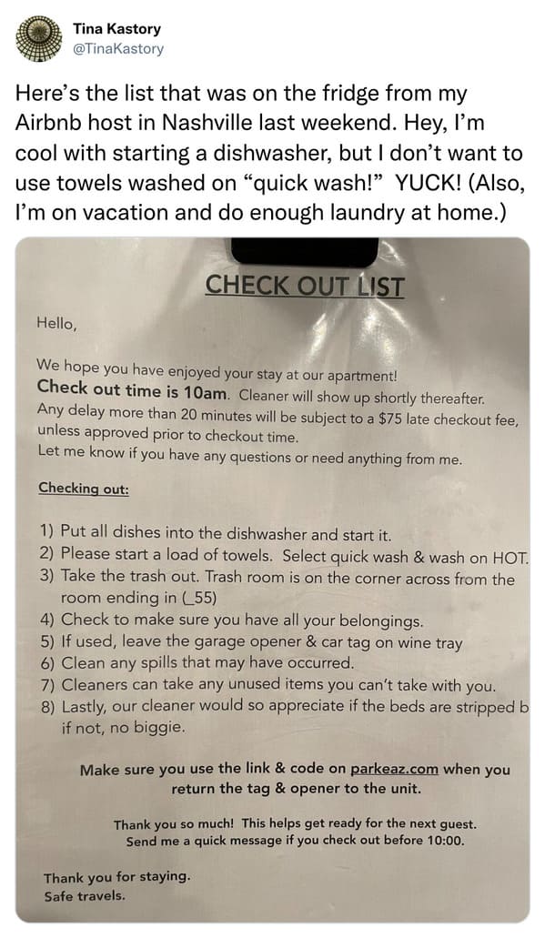 Imagine being on vacation and still having to do chores before checking out of your Airbnb