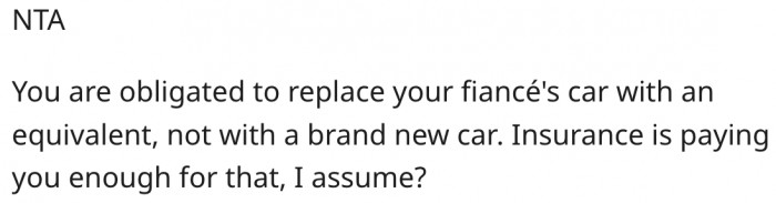 1. She should replace the car with an equivalent, not a new one.