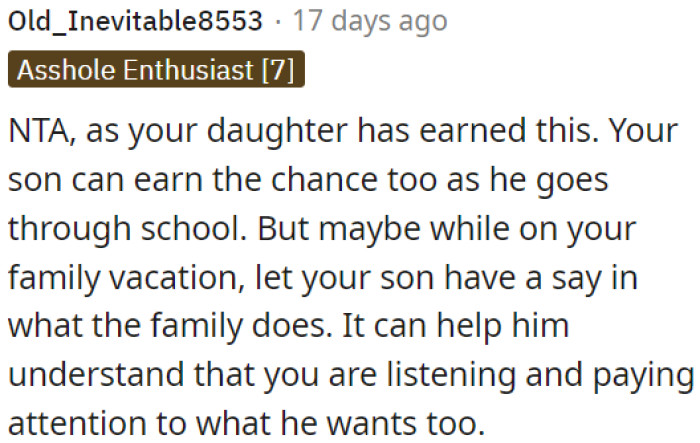 OP's daughter earned it, and her son can earn it through school.
