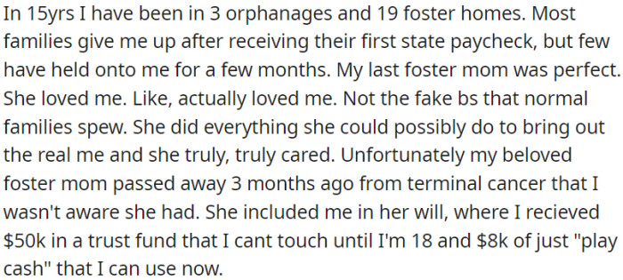 OP has experienced a series of orphanages and foster homes in his life journey. Sadly, his most recent foster mother passed away from cancer three months ago, but she made sure to include OP in her will.