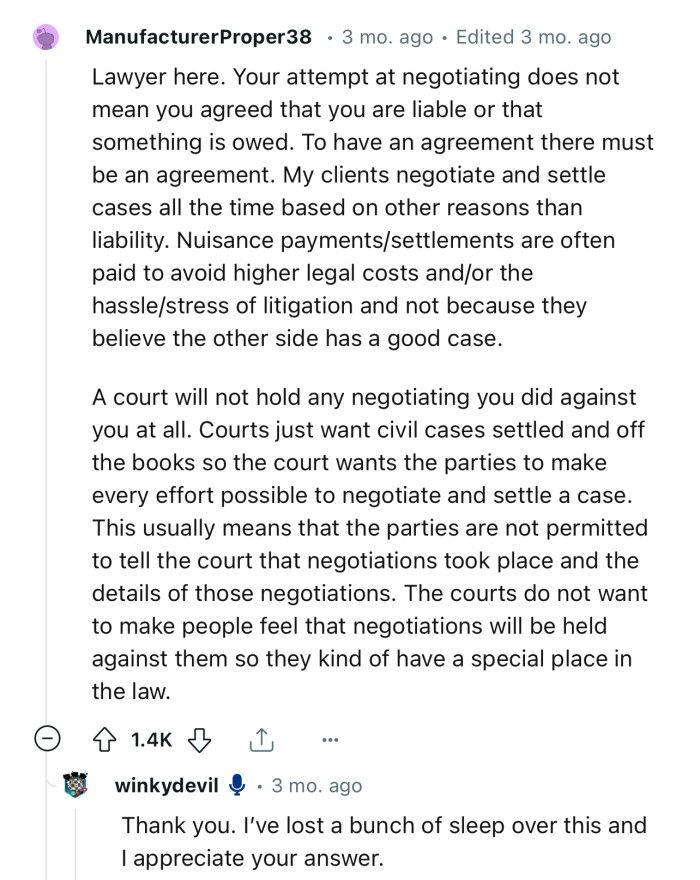 “Lawyer here. Your attempt at negotiating does not mean you agreed that you are liable or that something is owed.”