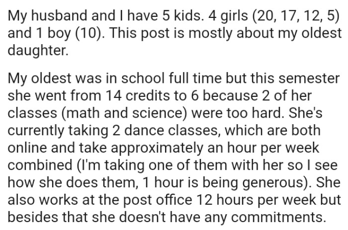 The OP's oldest child is currently taking two dance classes, which are both online and take approximately an hour per week combined.