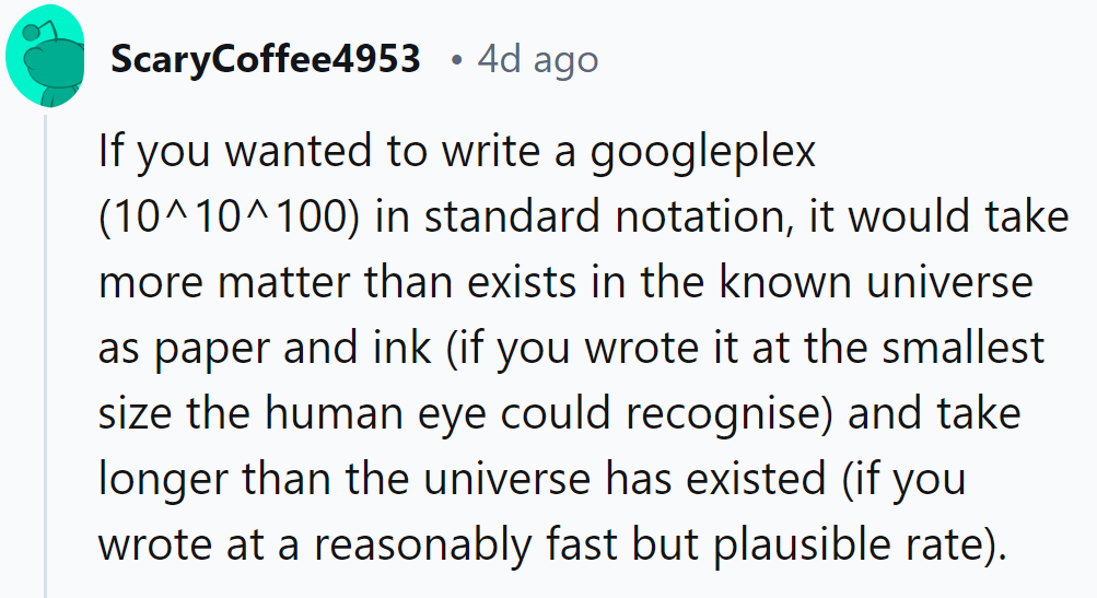 Writing a googleplex: a task more cosmic than the universe's ink and time budget.