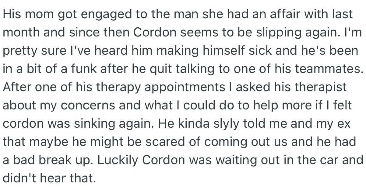 Cordon’s therapist revealed to OP that his son is gay and might be scared of coming out