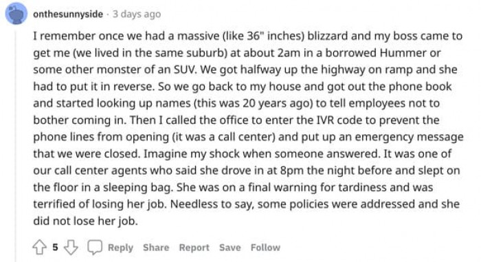 Management needs to review their policies on tardiness. Why can't they be understanding of their employees' situations?