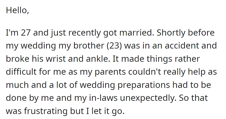 OP navigates wedding challenges with brother's injury, handling preparations amid limited parental support and in-law involvement, choosing to let go of frustrations.