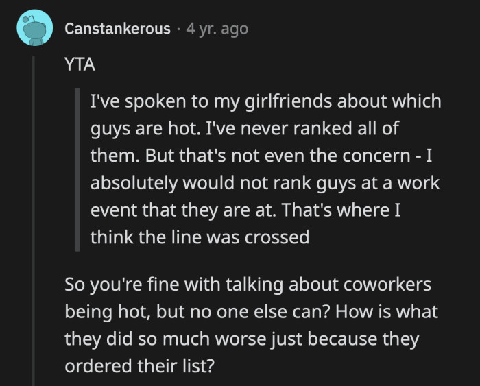 OP deleted a portion of her post where she admitted to talking about her male colleagues' attractiveness to her friends