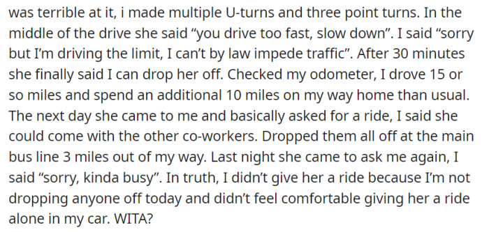 After a challenging first ride, OP felt uncomfortable giving her a solo ride, opting to provide rides to other coworkers instead.