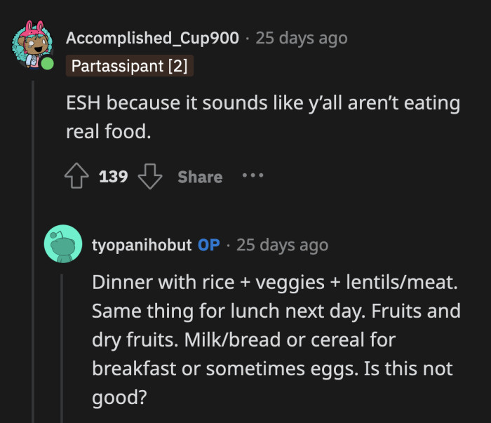 OP gave us a preview of what their typical menu is at home