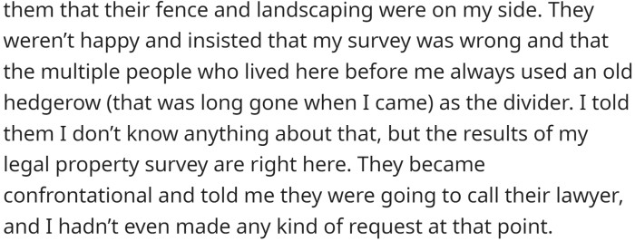 They later asked to buy the sliver of property the fence was built on, but the OP declined the offer due to zoning laws and their previous confrontational behavior.