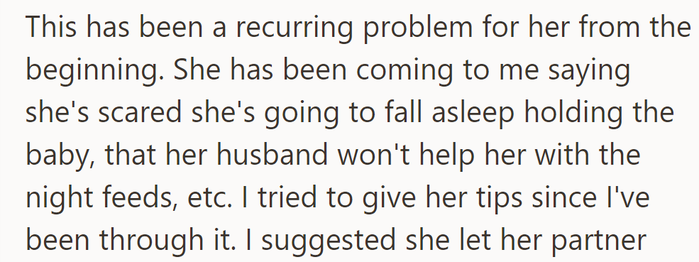 OP's sister struggles with night feeds and seeks advice from them.