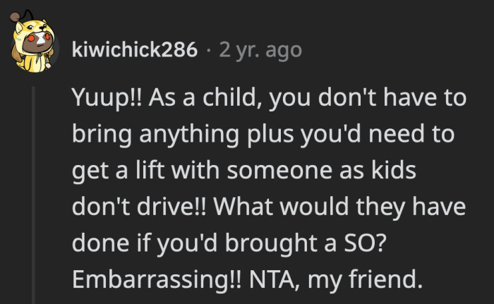 Would they also make the SO sit at the kids’ table?