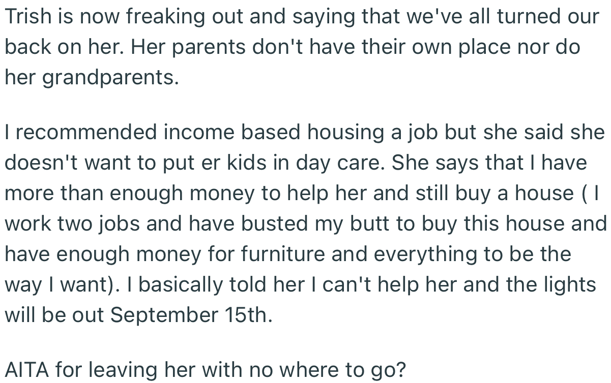 Trish is now accusing OP of abandoning her and her kids