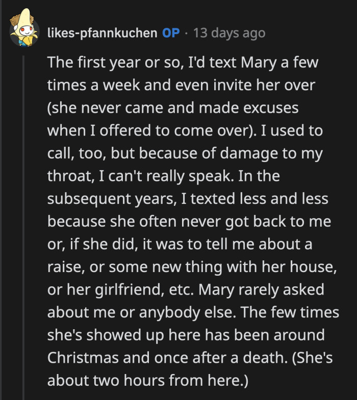 Ah, OP feels that the relationship was one-sided and skewed in Mary's favor after she became successful