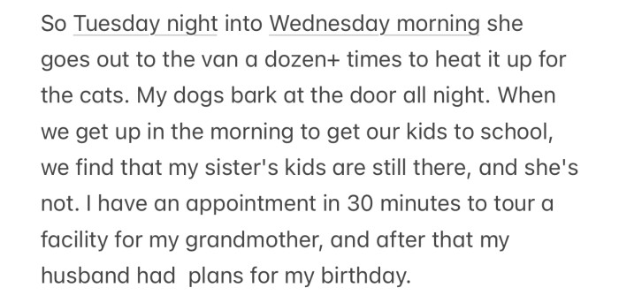 OP discovered that morning that her sister never took her kids to school and left.