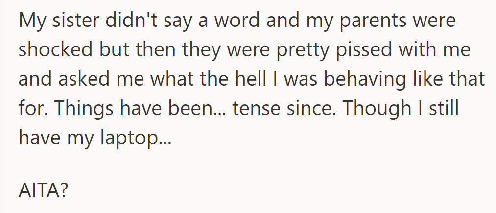 His sister stayed silent; his parents got angry, and tension lingers. He still has his laptop. Was he in the wrong?