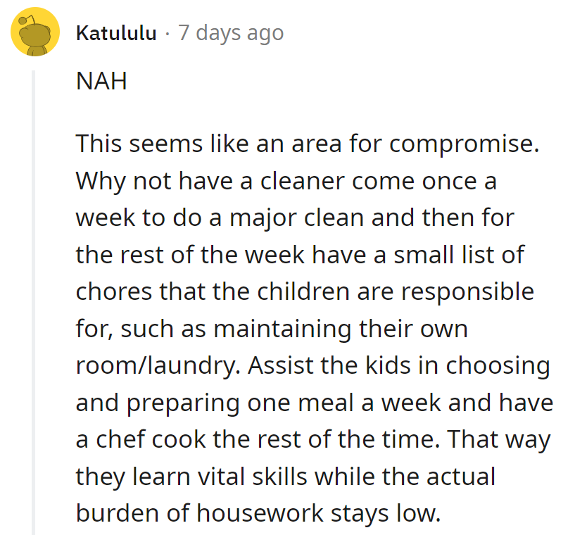 Seems like they're crafting a choreography of compromise! Kids learn, chores burn, and everyone gets a turn.