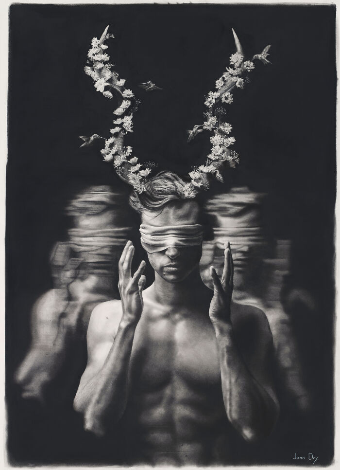 Hyperrealistic pencil drawing of a framed figure, titled In My Silence