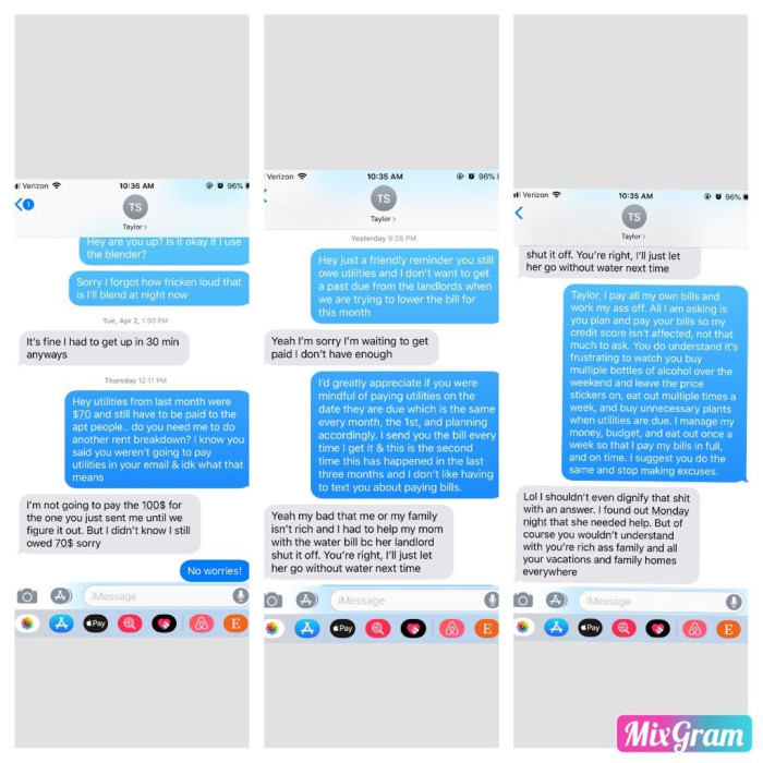These are the screenshots that were shared regarding the roommate situation and what was said about the bills.