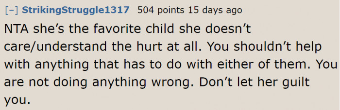 The OP should never get anything for her parents.