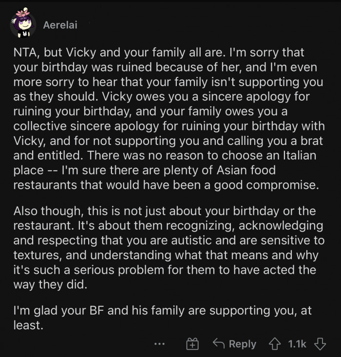 OP's family should support her more often.