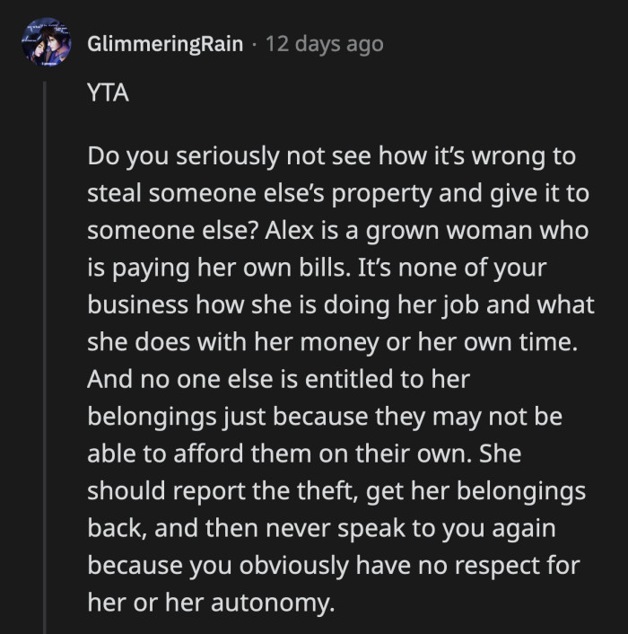 OP shouldn't be surprised if Alex refuses to speak to her ever again after this stunt she pulled