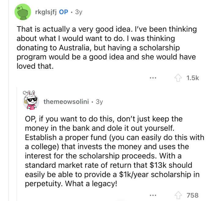 OP's daughter would have loved her money to be allocated this way.