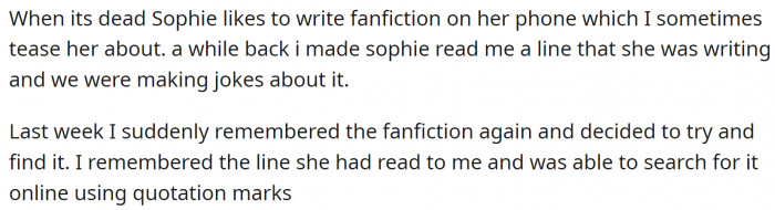 Sophie likes to write fanfiction. OP managed to find it online, and one of the stories left him speechless.