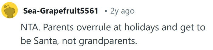 Parents get to be Santa, not grandparents.