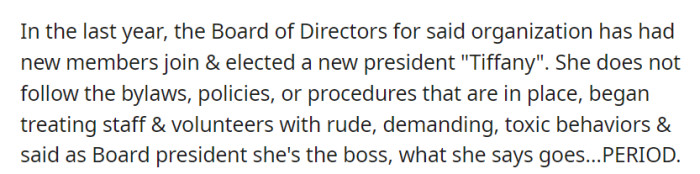 Newly elected president Tiffany has disregarded rules, displayed toxic behavior, and assumed an authoritarian stance within the organization over the past year.