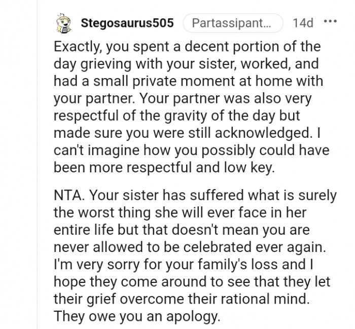 'NTA. Your sister has suffered what is surely the worst thing she will ever face in her entire life, but that doesn't mean you are never allowed to be celebrated ever again.'