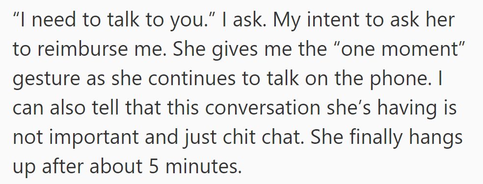 He asks about reimbursement, but she gestures 