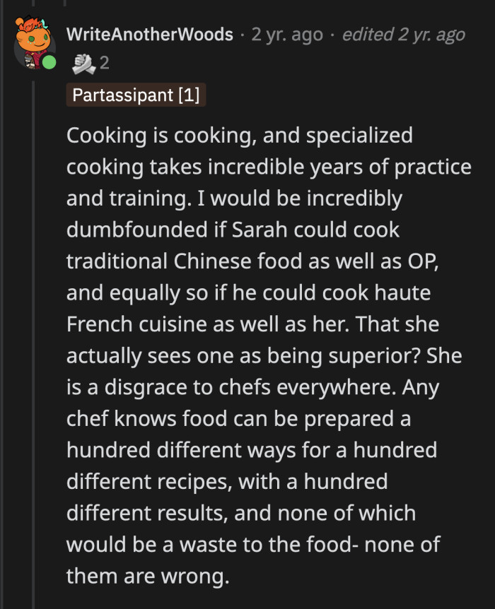 At worst, Sarah is a food snob; at best, she's openly racist.