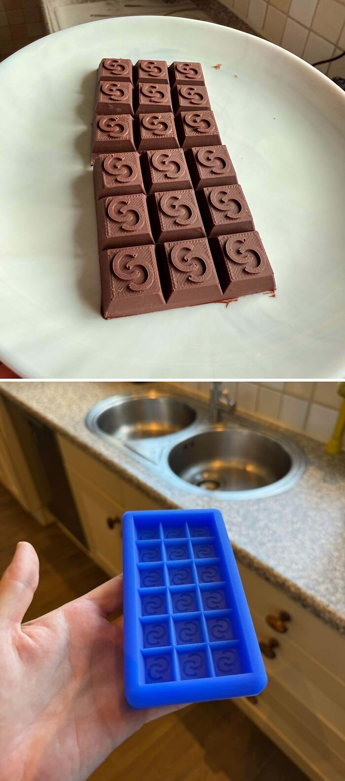 "Printed A Mold, Poured Food-Safe Silicone, And Made A Chocolate Bar With My Logo 🍫"