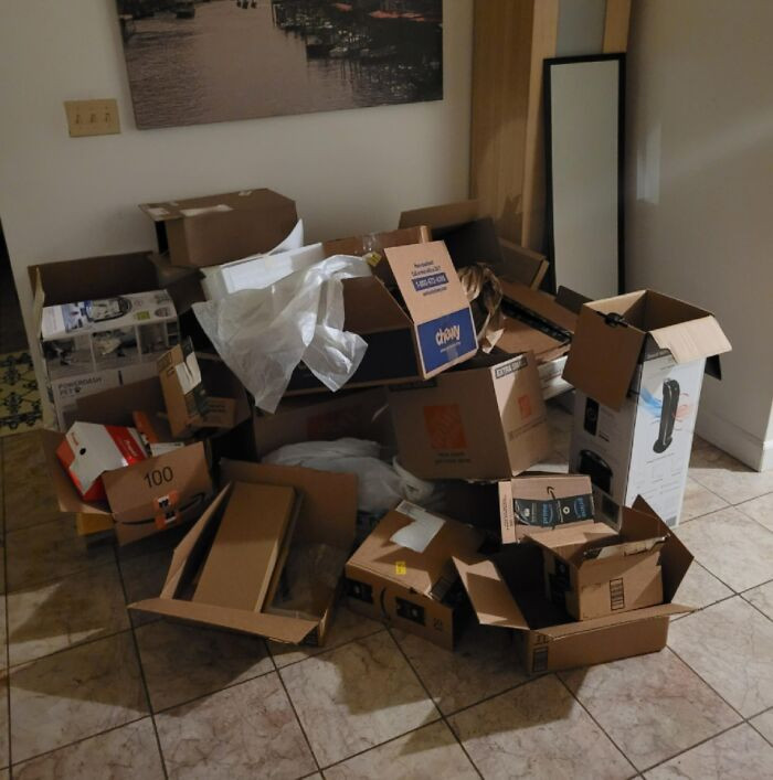 "My Roommate's Giant Pile Of Boxes That Hasn't Changed Since I Moved In 3 Months Ago"