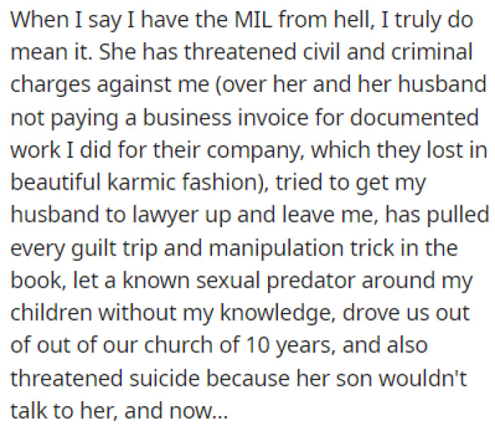 The list of things OP's mother-in-law has done is long and horrible