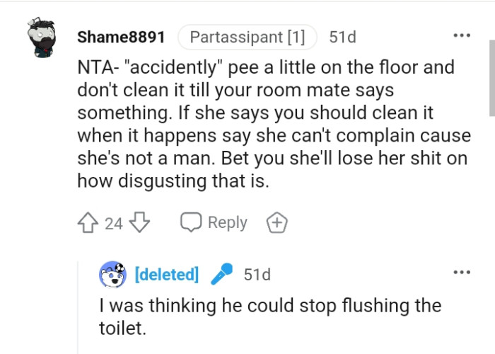 The OP should pee a little on the floor and shouldn't clean it