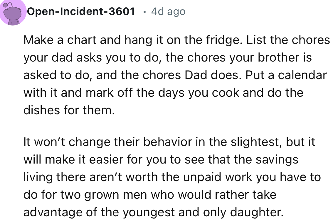 “It won’t change their behavior in the slightest, but it will make it easier for you to see that the savings from living there aren’t worth the unpaid work you have to do for two grown men.”