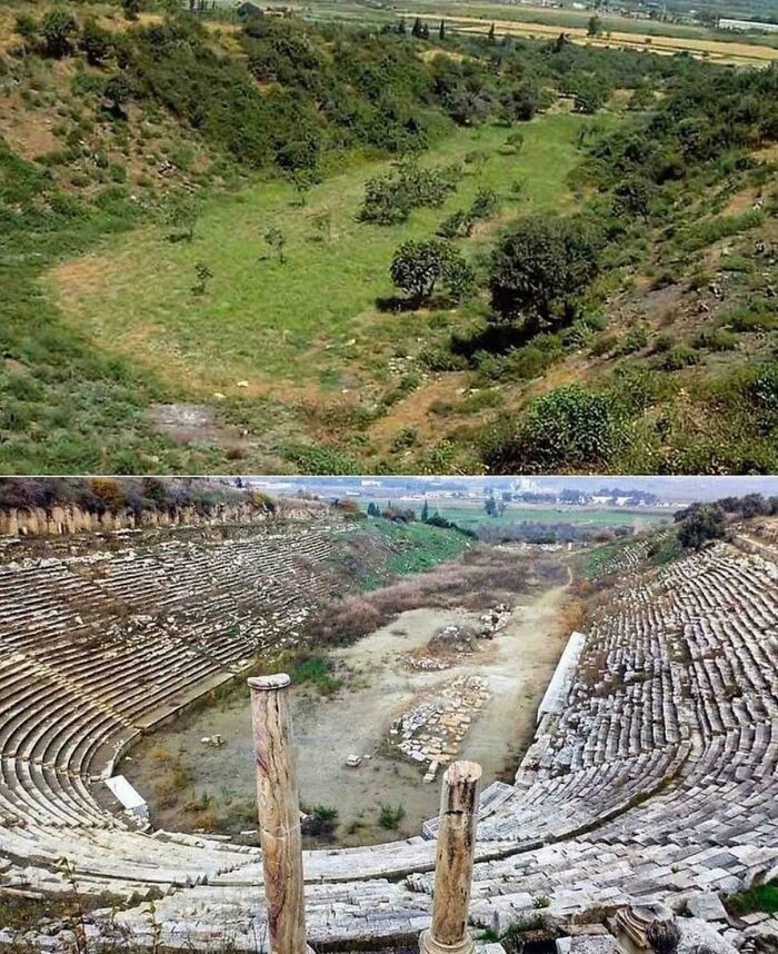 "Before And After Of The Excavation Of The Ancient Greek Stadium"