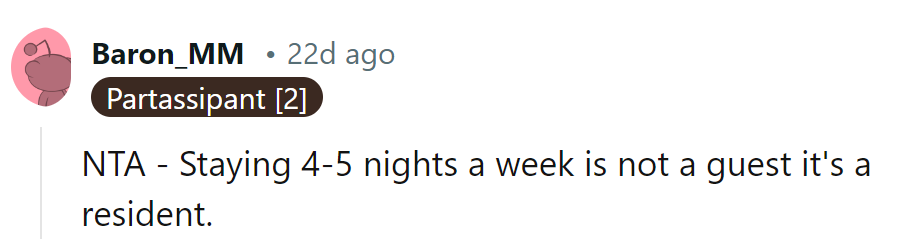 Sounds less like a guest and more like a roommate with questionable house rules.