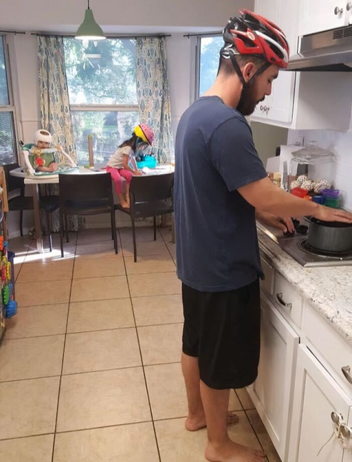 "His Baby Wears A Head-Shaping Helmet So He's Got The Whole Family Wearing Helmets Now"