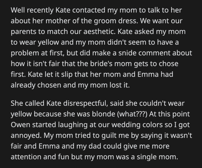 OP's mom snapped at his fiancée and tried to appeal to OP. She said it was unfair because OP was basically choosing his dad's affair partner all over again.