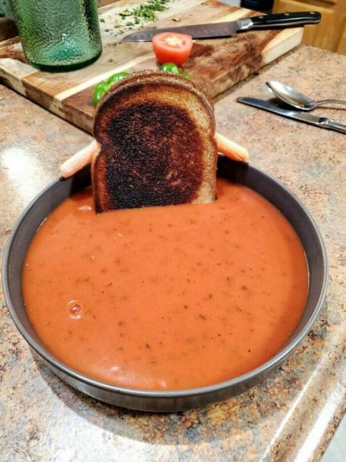 20. We Ran Out Of Regular Bowls And Plates, And This Was The Only Way To Set Up The Grilled Cheese. He Reminded Me Of A Hot Tub So I Added Arms